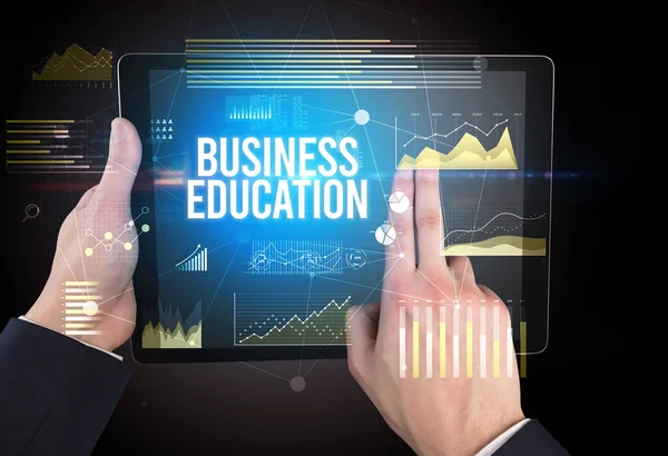 Крупним Планом Руки Тримають Планшет Написом Business Education Сучасна Бізнес — стокове фото