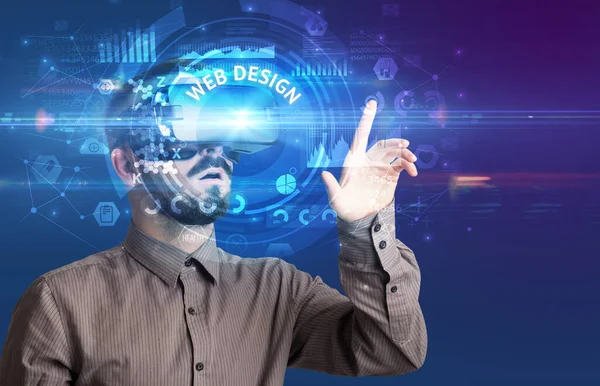 Podnikatel Prohlíží Brýle Virtual Reality Nápisem Web Design Inovativní Koncept — Stock fotografie