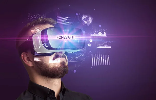 Businessman Looking Virtual Reality Glasses Foresight Inscription New Business Concept — Stock Photo, Image