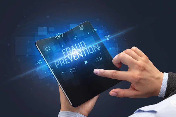 Businessman Holding Foldable Smartphone Fraud Prevention Inscription Cyber Security Concept — Stock Photo, Image