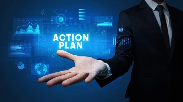 Hand Businessman Holding Action Plan Iscrizione Concetto Successo Aziendale — Foto Stock