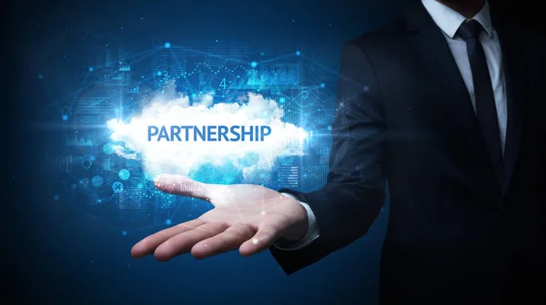 Hand Businessman Met Partnership Inscriptie Succesvol Bedrijfsconcept — Stockfoto