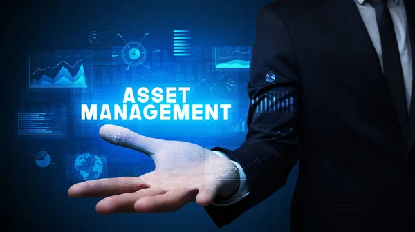 Hand Affärsman Som Innehar Asset Management Inskription Affärsnytta Koncept — Stockfoto