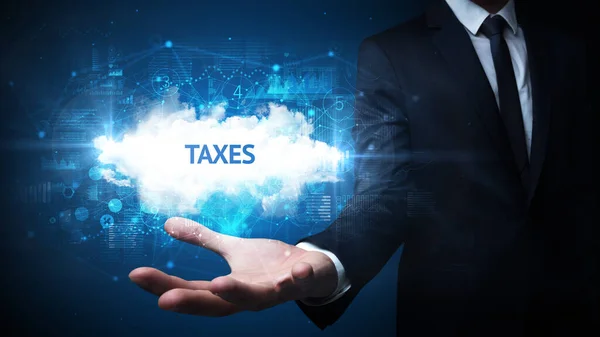 Hand Businessman Holding Taxes Inscription Successful Business Concept — Stock Photo, Image