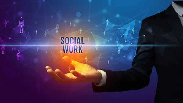 Elegant Hand Holding Social Work Inscription Social Networking Concept — Stock Photo, Image