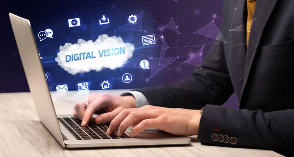Zakenman Werkt Aan Laptop Met Digital Vision Inscriptie Modern Technologie — Stockfoto