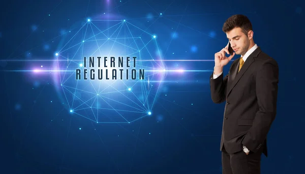 Businessman Thinking Security Solutions Internet Regulation Inscription — Stock Photo, Image