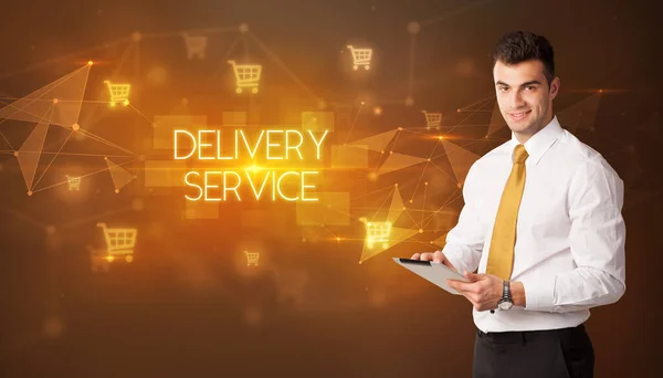 Affärsman Med Kundvagn Ikoner Och Delivery Service Inskription Online Shopping — Stockfoto