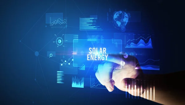 Hand Anfassen Solar Energy Inschrift Neue Geschäftstechnologie Konzept — Stockfoto