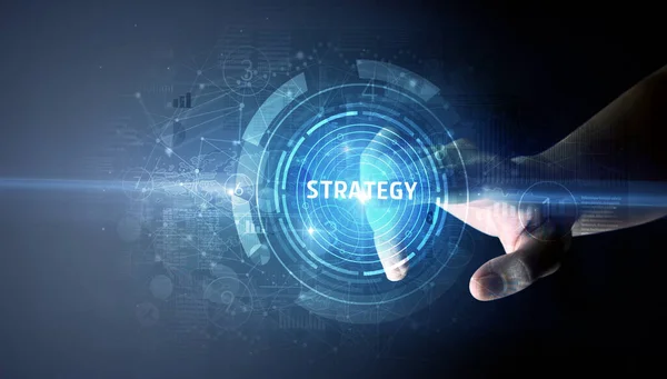 Hand Aanraken Strategie Knop Modern Business Technology Concept — Stockfoto