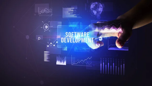 Mão Tocando Software Desenvolvimento Inscrição Novo Conceito Tecnologia Negócios — Fotografia de Stock