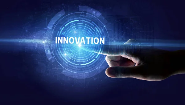 Botão Mão Tocando Inovação Conceito Moderno Tecnologia Negócios — Fotografia de Stock