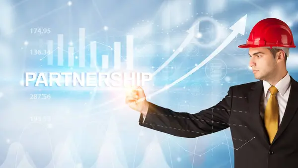 Fiatal Üzletember Sisak Rajz Partnerség Felirat Modern Üzleti Technológia Koncepció — Stock Fotó