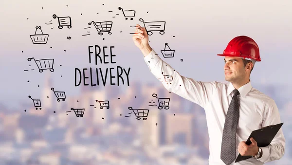 Красивый Бизнесмен Рисунком Шлема Бесплатно Delivery Надпись Конструкция Продажи — стоковое фото