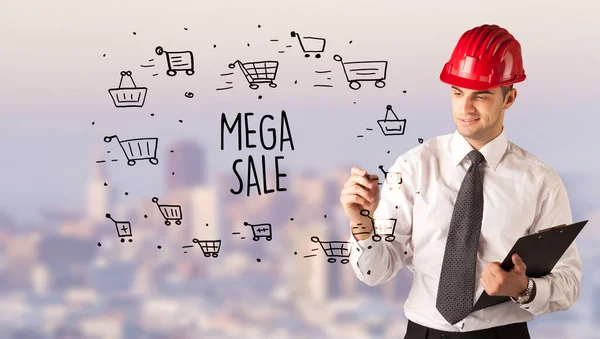Красивый Бизнесмен Рисунком Шлема Mega Sale Надпись Конструкция Продажи — стоковое фото