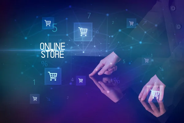 Online Vásárlás Online Store Felirat Koncepcióval Bevásárlókocsi Ikonokkal — Stock Fotó