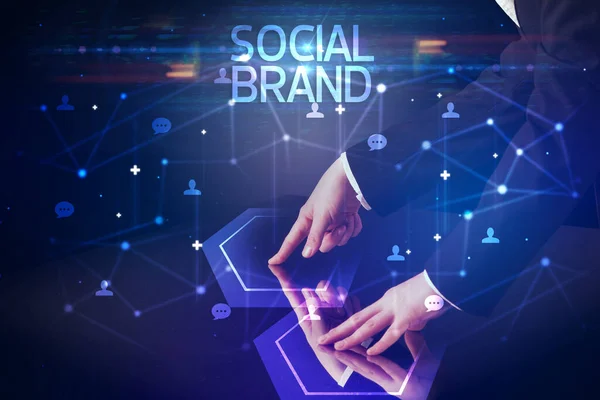 Közösségi Hálózatépítés Navigálása Társadalmi Brand Felirattal Médiakoncepció — Stock Fotó
