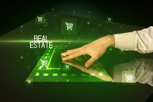 Online Αγορές Την Έννοια Επιγραφή Real Estate Εικονίδια Καλάθι Αγορών — Φωτογραφία Αρχείου