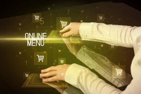 Online Alışveriş Online Menu Yazıt Kavramı Alışveriş Arabası Simgeleriyle — Stok fotoğraf