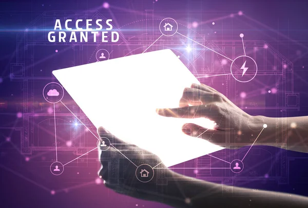Holding Futuristic Tablet Access Granted Inscription Cyber Security Concept — Stock Photo, Image