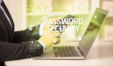 Bilgisayardaki PASSWORD GÜVENLİK yazıtları, İnternet güvenliği ve veri koruma kavramı, engelleme zinciri ve siber güvenlik