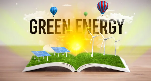 Open Boek Met Green Energy Inscriptie Concept Hernieuwbare Energie — Stockfoto