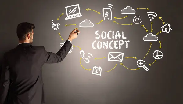 商人画社交媒体图标 带有社交中心的题词 新媒体概念 — 图库照片