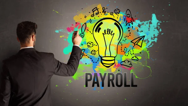 Επιχειρηματίας Σχέδιο Πολύχρωμο Λαμπτήρα Payroll Επιγραφή Υφή Τσιμεντένιο Τοίχο Νέα — Φωτογραφία Αρχείου