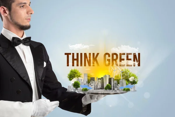 Σερβιτόρος Εξυπηρετούν Eco City Think Green Επιγραφή Ανανεώνοντας Την Έννοια — Φωτογραφία Αρχείου