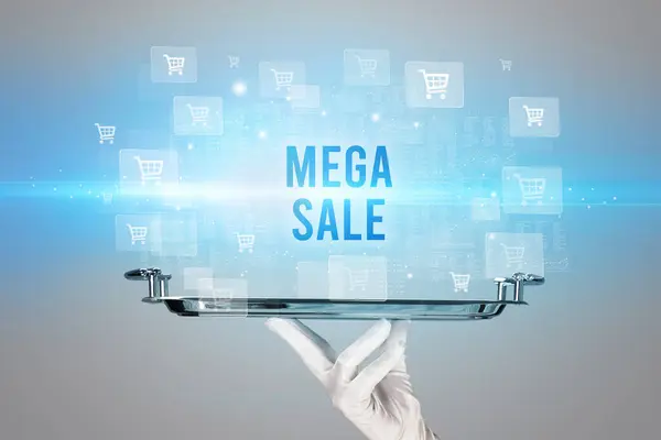 Офіціант Обслуговує Напис Mega Sale Концепція Онлайн Покупки — стокове фото