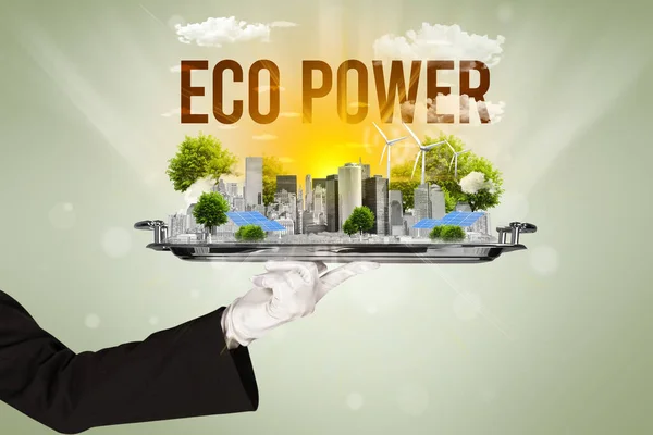 Cameriere Servizio Eco Città Con Iscrizione Eco Power Concetto Energia — Foto Stock