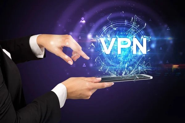 Primer Plano Una Pantalla Táctil Con Abreviatura Vpn Concepto Tecnología — Foto de Stock