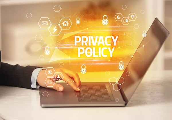 Política Privacidade Inscrição Laptop Segurança Internet Conceito Proteção Dados Blockchain — Fotografia de Stock