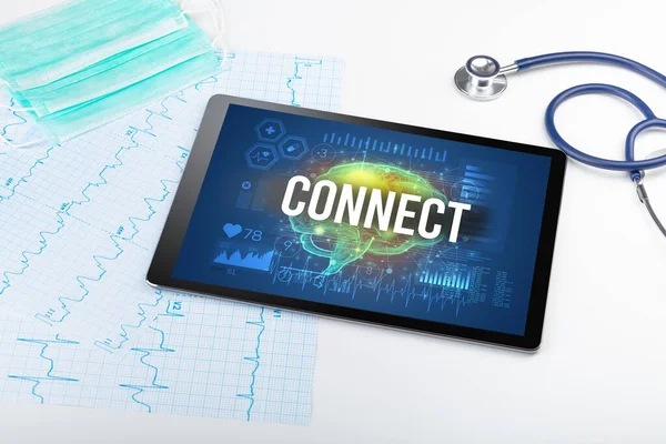 Tablet Strumenti Medici Con Iscrizione Connect Concetto Distanza Sociale — Foto Stock