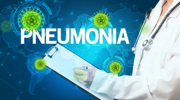 Médico Llena Historia Clínica Con Inscripción Pneumonia Concepto Virología —  Fotos de Stock