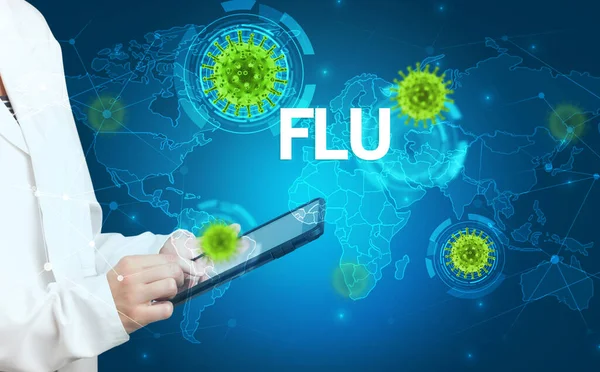 Lékař Vyplňuje Lékařské Záznamy Nápisem Flu Virologickým Konceptem — Stock fotografie