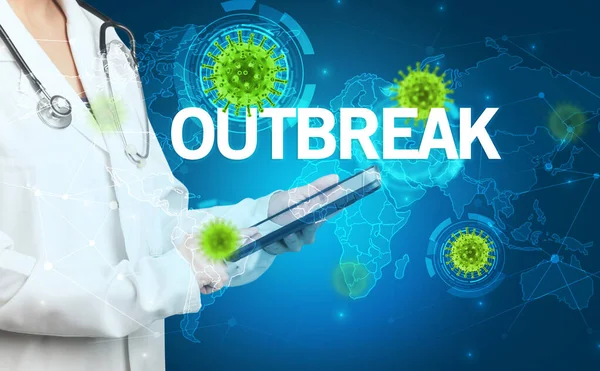 Médico Preenche Prontuário Com Inscrição Outbreak Conceito Virologia — Fotografia de Stock