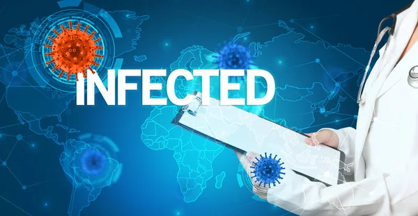 Doctor Fills Out Medical Record Infected Inscription Virology Concept — Stock Photo, Image