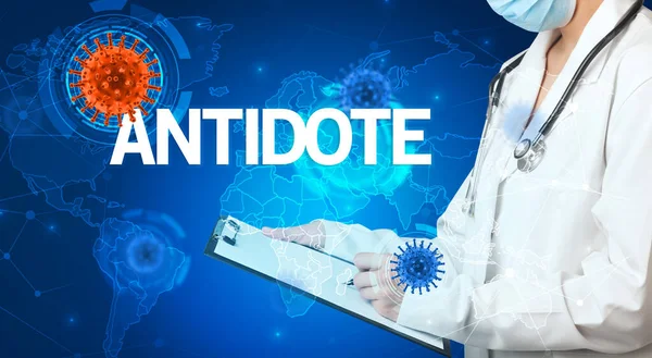 Doctor Fills Out Medical Record Antidote Inscription Virology Concept — Stock Photo, Image