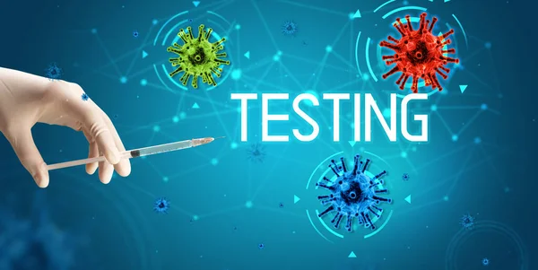 Siringa Iniezione Medica Mano Con Iscrizione Testing Concetto Vaccino Coronavirus — Foto Stock