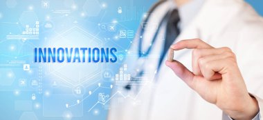 Doktor 'un yeni teknoloji çözüm kavramının yazıldığı bir hap vermesi.