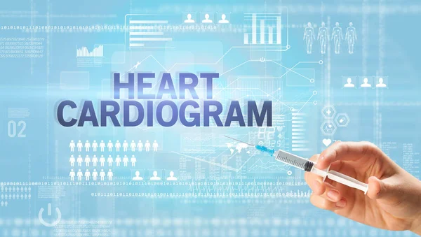 Doktorların yakın plan görüntüsü elinde şırınga tutan beyaz bir eldiven içinde kalp kardiyogramı, yazıt, sağlık ve tıbbi konsept.