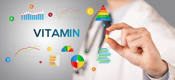 Voedingsdeskundige Geeft Een Pil Met Vitamin Inscriptie Gezonde Levensstijl Concept — Stockfoto