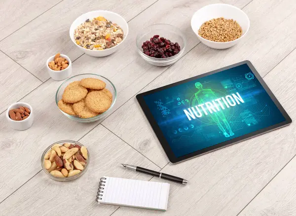 Nutrición Concepto Tableta Con Frutas Vista Superior —  Fotos de Stock