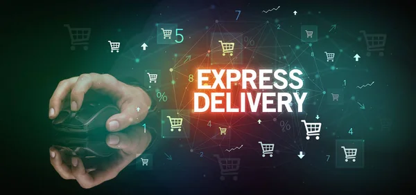 Χέρι Κρατώντας Ασύρματη Περιφερική Επιγραφή Express Delivery Online Εμπορική Έννοια — Φωτογραφία Αρχείου
