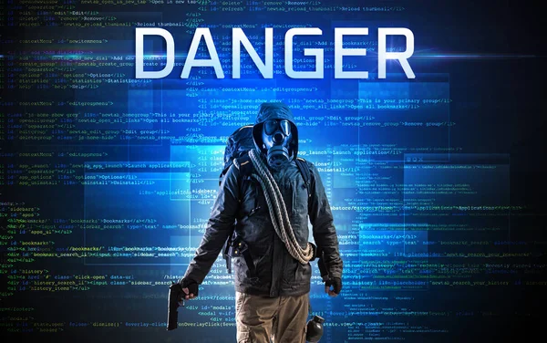 Ansiktslös Hacker Med Danger Inskription Binär Kod Bakgrund — Stockfoto