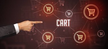 CART yazıtlarına, çevrimiçi alışveriş kavramına yakın çekim el işaretleri