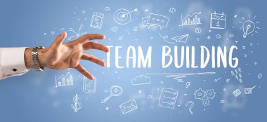 Ekip Binası Yazıtı 'na yakın çekim, modern iş çözümü kavramı