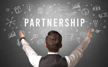 PARTNERGeIP yazıtları, modern iş konsepti olan bir işadamının arka görünümü