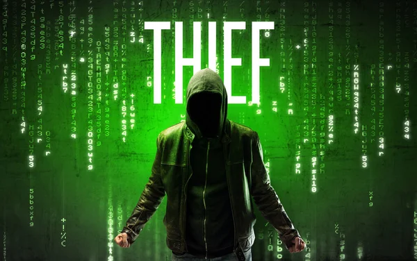 Faceless Hacker Thief Inscription Hacking Concept — Stock Photo, Image